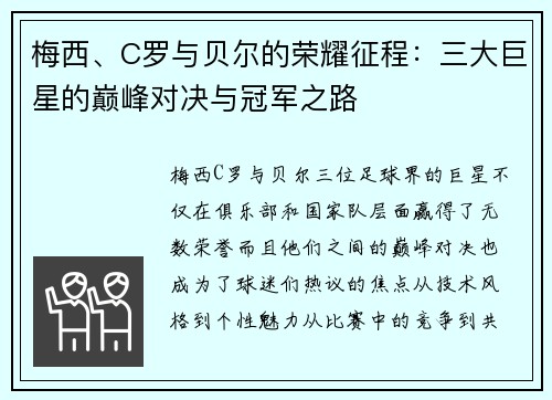 梅西、C罗与贝尔的荣耀征程：三大巨星的巅峰对决与冠军之路