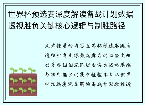 世界杯预选赛深度解读备战计划数据透视胜负关键核心逻辑与制胜路径
