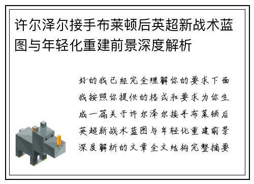 许尔泽尔接手布莱顿后英超新战术蓝图与年轻化重建前景深度解析