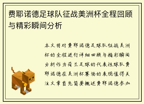 费耶诺德足球队征战美洲杯全程回顾与精彩瞬间分析