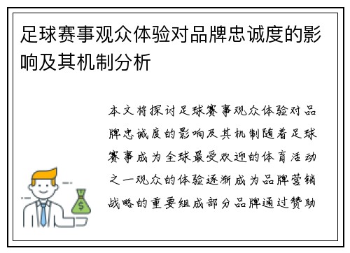 足球赛事观众体验对品牌忠诚度的影响及其机制分析