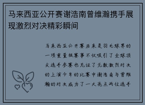 马来西亚公开赛谢浩南曾维瀚携手展现激烈对决精彩瞬间